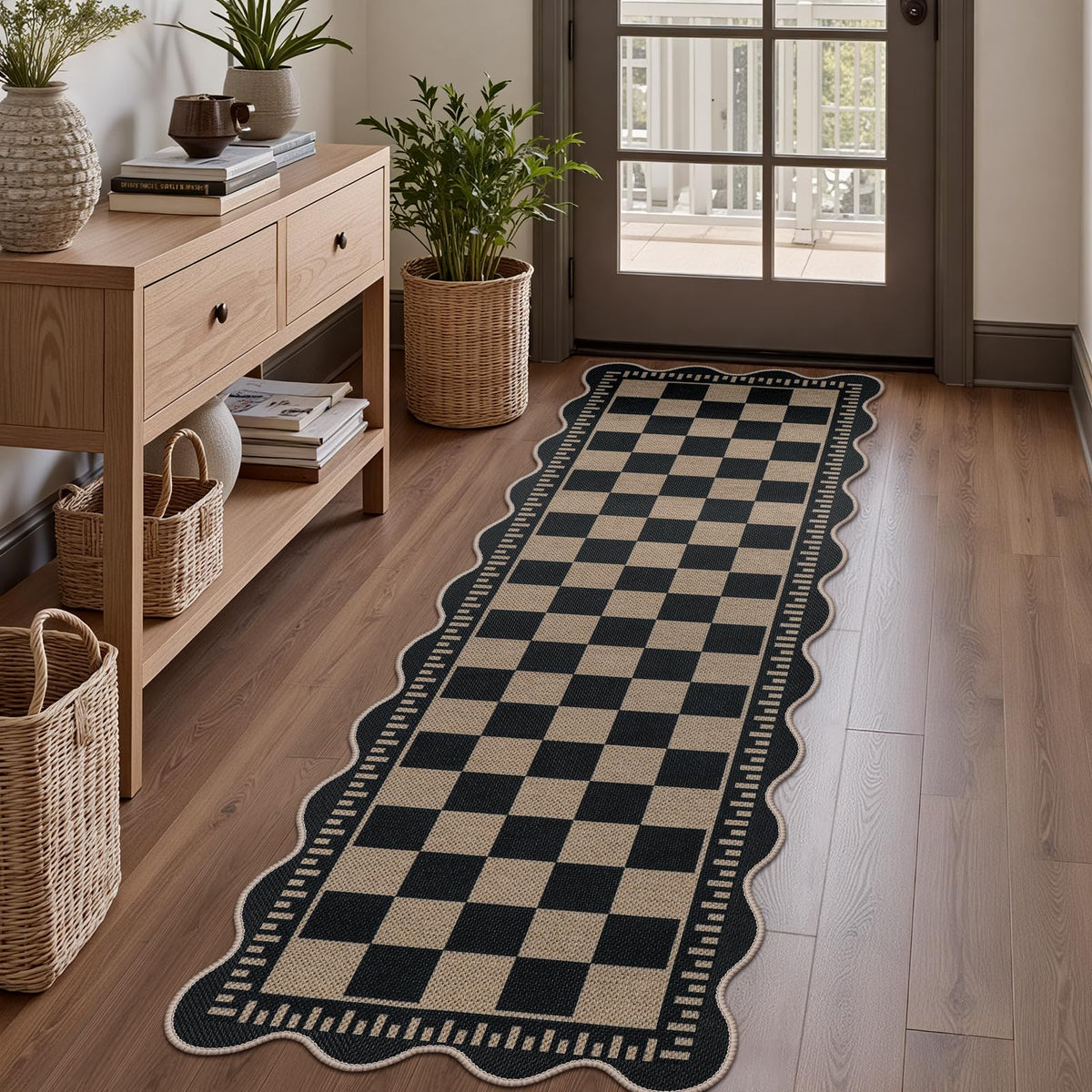 Easy Jute Black Entryway Rug, 2x3 Front Door Mat Washable Non Slip Small Kitchen Rug, Indoor Outdoor Farmhouse Scalloped Doormat for Porch Bathroom Doorway