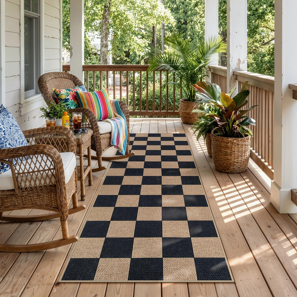 Lahome Checkered Easy Jute 3x5 Entryway Front Porch Rug, Black Diamond Indoor Outdoor Patio Layering Rug, Washable Farmhouse Neutral Non Slip Non Shedding Door Carpet for Backyard Blacony