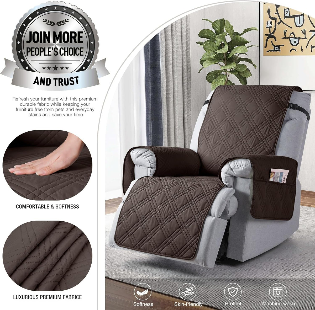TAOCOCO 100% Waterproof Recliner Chair Cover, Non Slip Covers for Recliner Chair with Pocket, Washable Reclining Chair/Furniture Protector for Kids, Pets(23.6'', Chocolate)