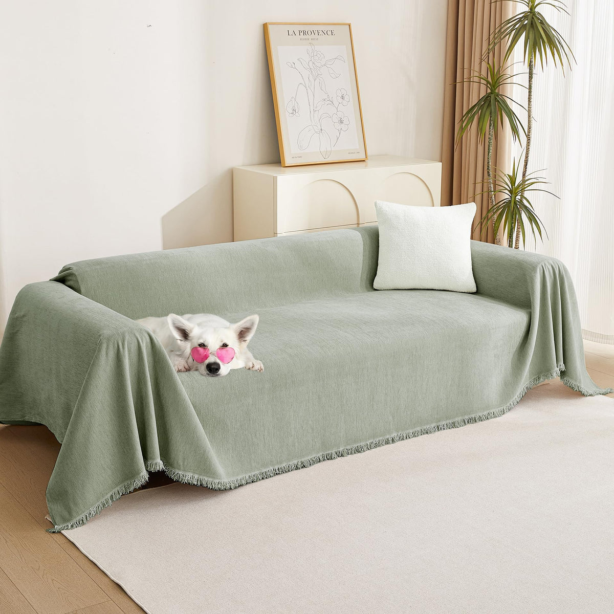 MYSKY HOME Boho Couch Cover Beige Sofa Covers with White Tassel Farmhouse Sofa Slipcover Simple Couch Protector for Dogs Chenille Sectional Couch Covers L Shaped Couch Cushion Covers, 91"x 134"