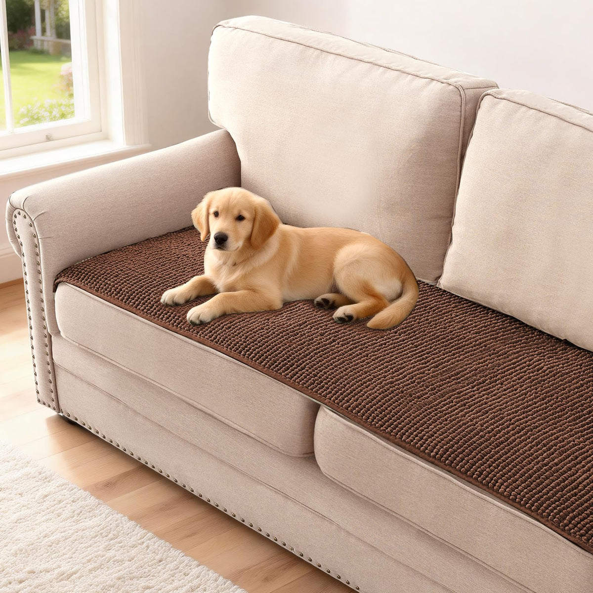 H.VERSAILTEX Plush Chenille Dog Bed Cover Thick Soft Sofa Cover for 3 Cushion Couch Anti Slip Couch Cover Furniture Protector for Dog, Pet, Cat (35" x 82", Ivory)