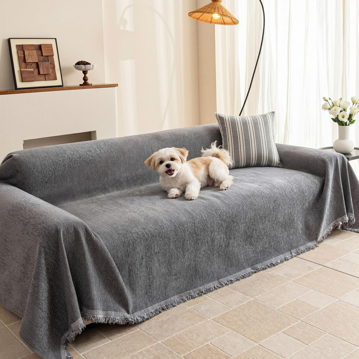 MEETSKY Couch Covers for Dogs, Washable Couch Covers, Pet Sofa Covers for 3 Cushion Couch, Chenille Thick Sectional Couch Cover Blanket Modern Furniture Protector Covers, 91" x 134", Dark Grey