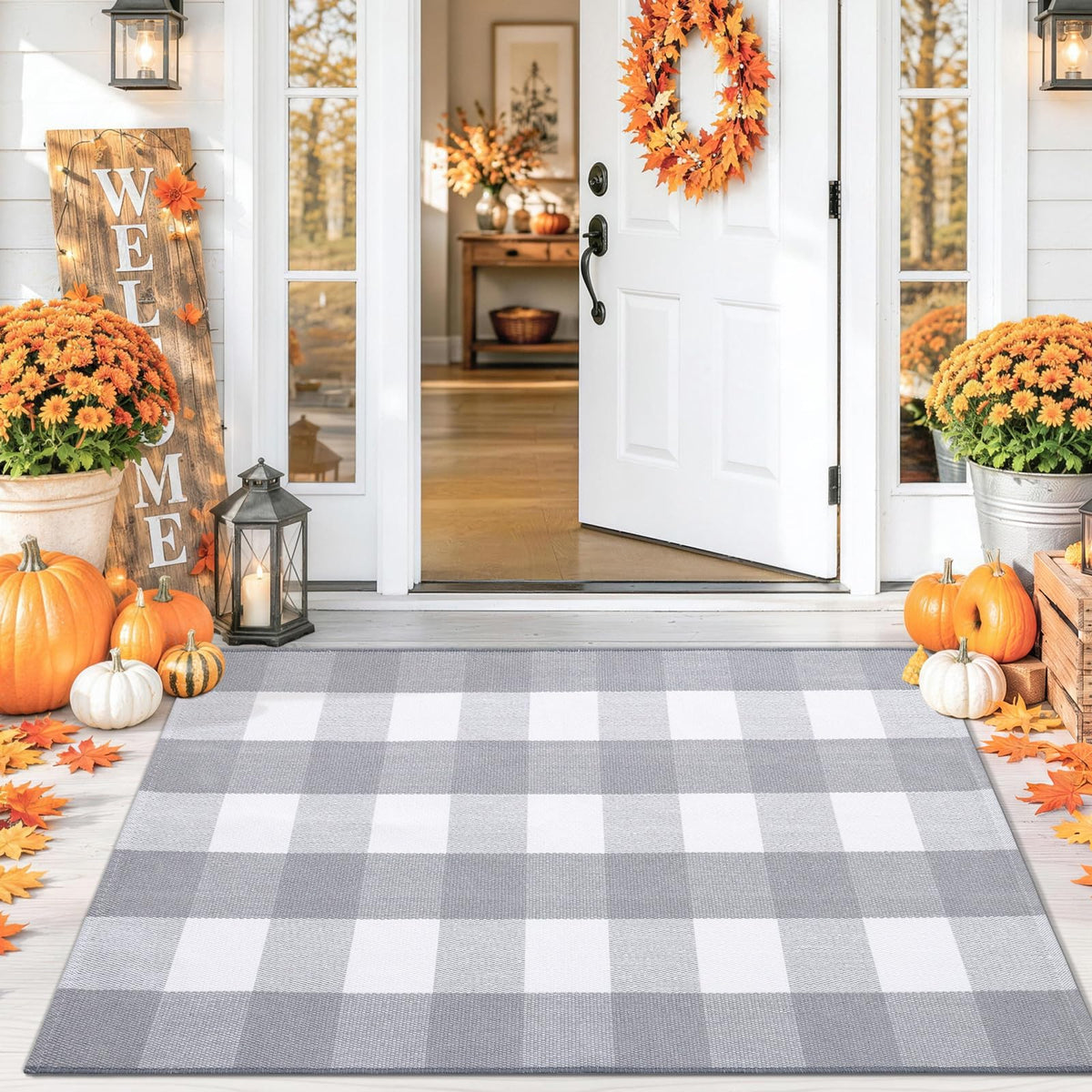 Smiry Black and White Striped Entryway Rug, Front Door Mat and Porch Decor