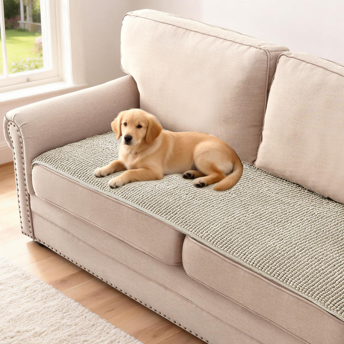 H.VERSAILTEX Plush Chenille Dog Bed Cover Thick Soft Sofa Cover for 3 Cushion Couch Anti Slip Couch Cover Furniture Protector for Dog, Pet, Cat (35" x 82", Ivory)