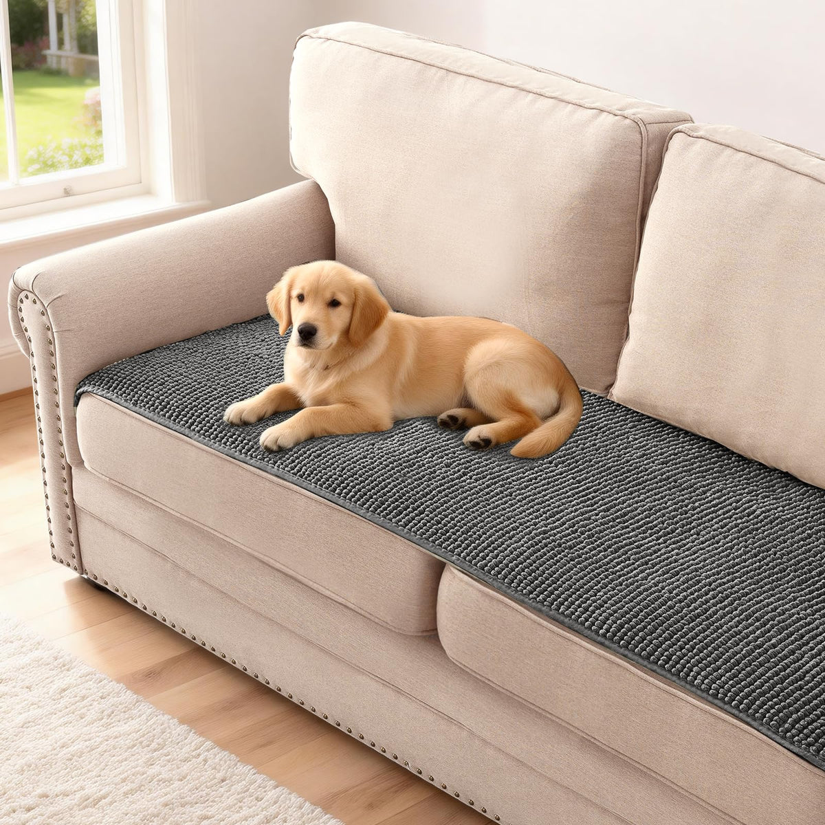 H.VERSAILTEX Plush Chenille Dog Bed Cover Thick Soft Sofa Cover for 3 Cushion Couch Anti Slip Couch Cover Furniture Protector for Dog, Pet, Cat (35" x 82", Ivory)