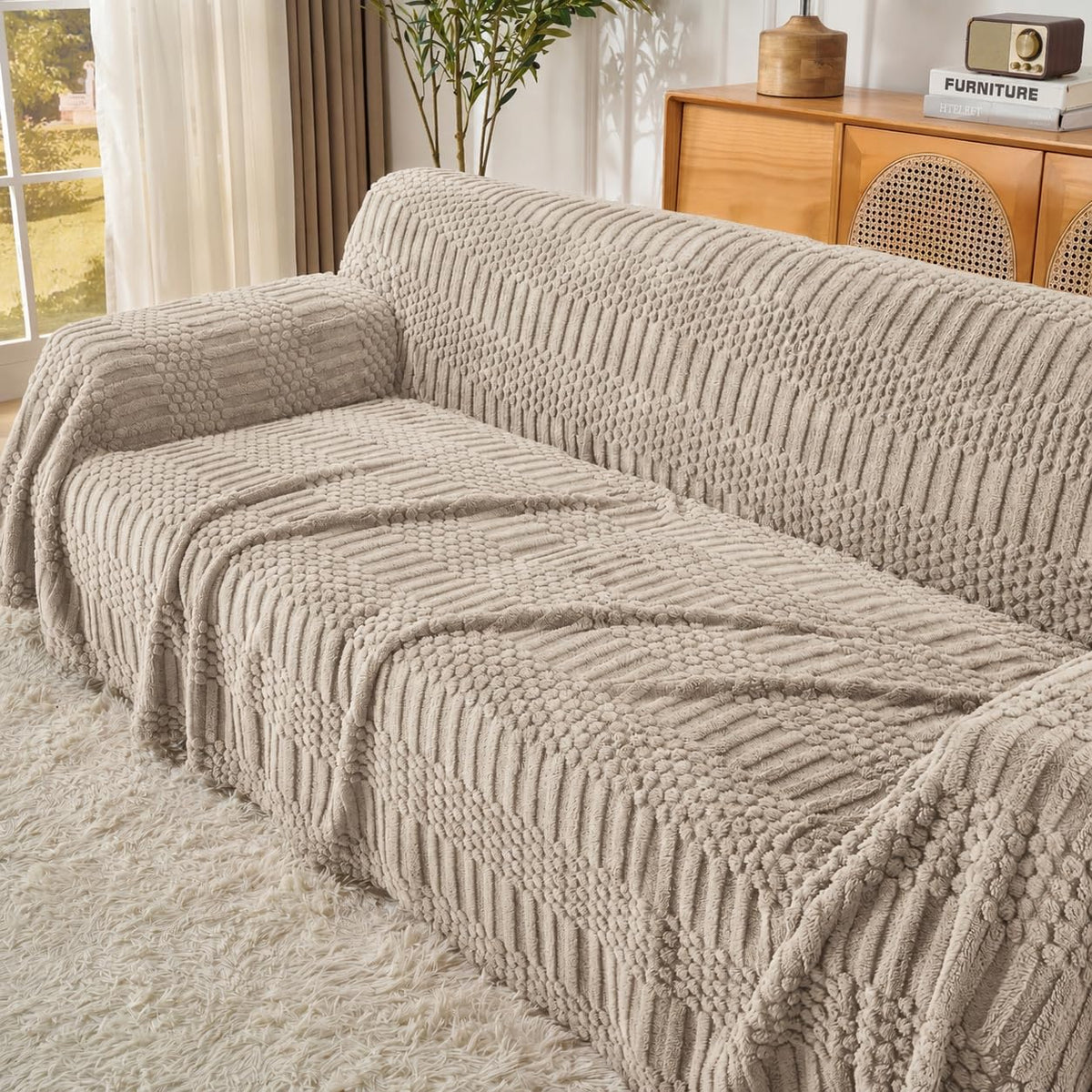 Fuzzy Hobo Couch Cover for Sectional Sofa, Sofa Slipcover for 2 Cushion Couch, 71"x118" Caramel Non-Slip Washable Loveseat Cover, Sofa Protector for Dogs