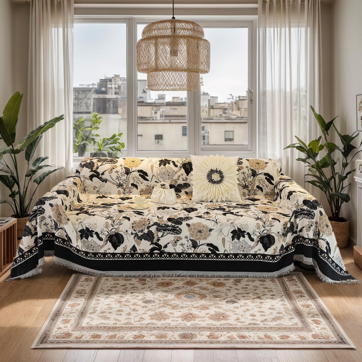 DREAMINGO Green Floral Couch Cover Farmhouse Botanical Jacquard Sofa Covers for 3 Cushion Couch Cozy Chenille Living Room Furniture Futon Sectional Sofa Slipcovers Washable, X-Large 71"x134"