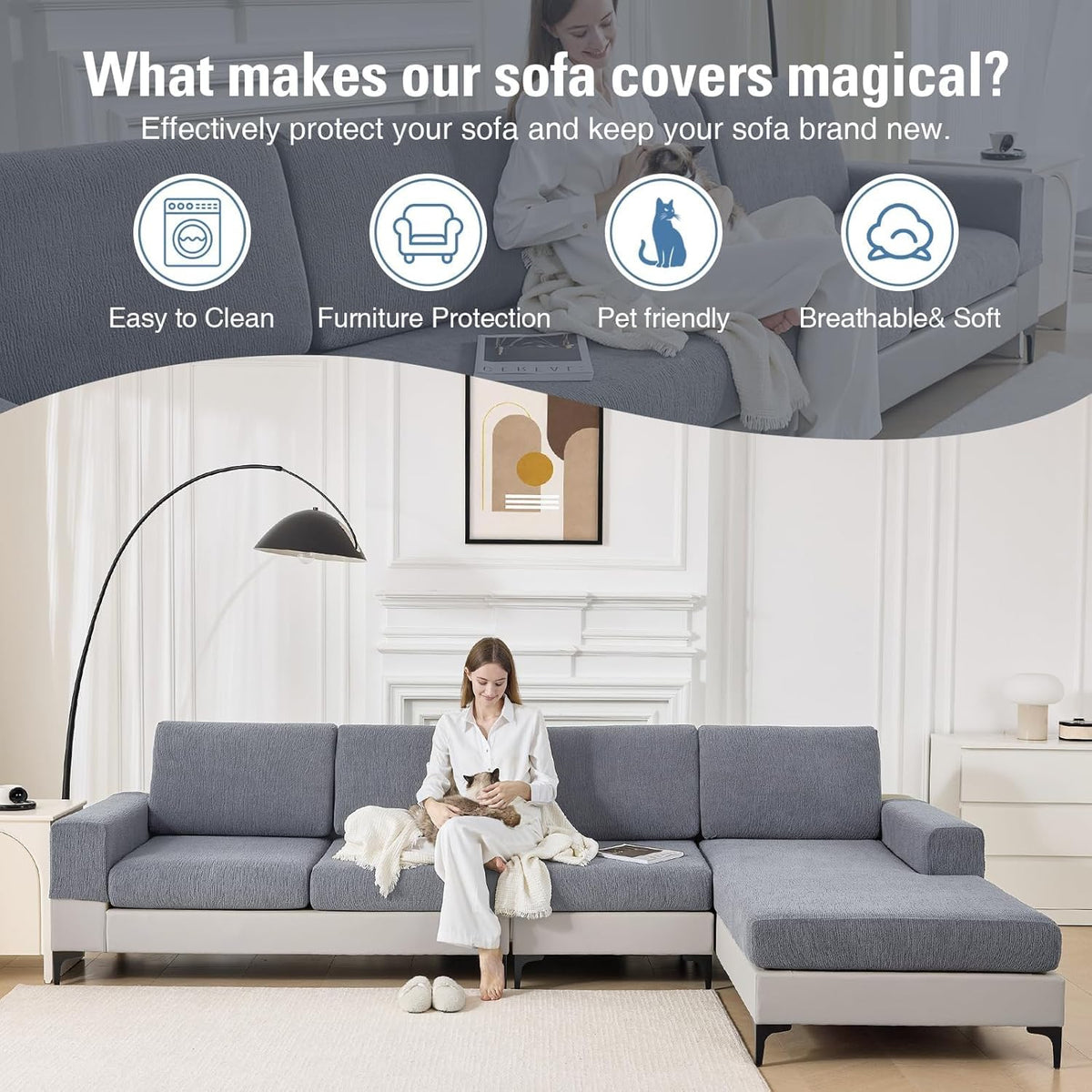 Couch Cushion Covers Sectional Couch Covers Stretch Washable Soft Seat Cushion Covers Furniture Protector Sofa Slipcovers for Pets(Light Grey,3 Pieces Seat Covers or Back Covers)