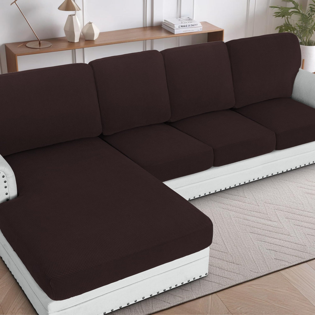 H.VERSAILTEX Sectional Couch Covers 8 Pieces Stretch Sofa Covers for Sectional Sofa Set Separate L Shaped Couch Cover for Both Left/Right Couch (Seat and Back: 1 Chaise + 3 Sofa, Ivory)