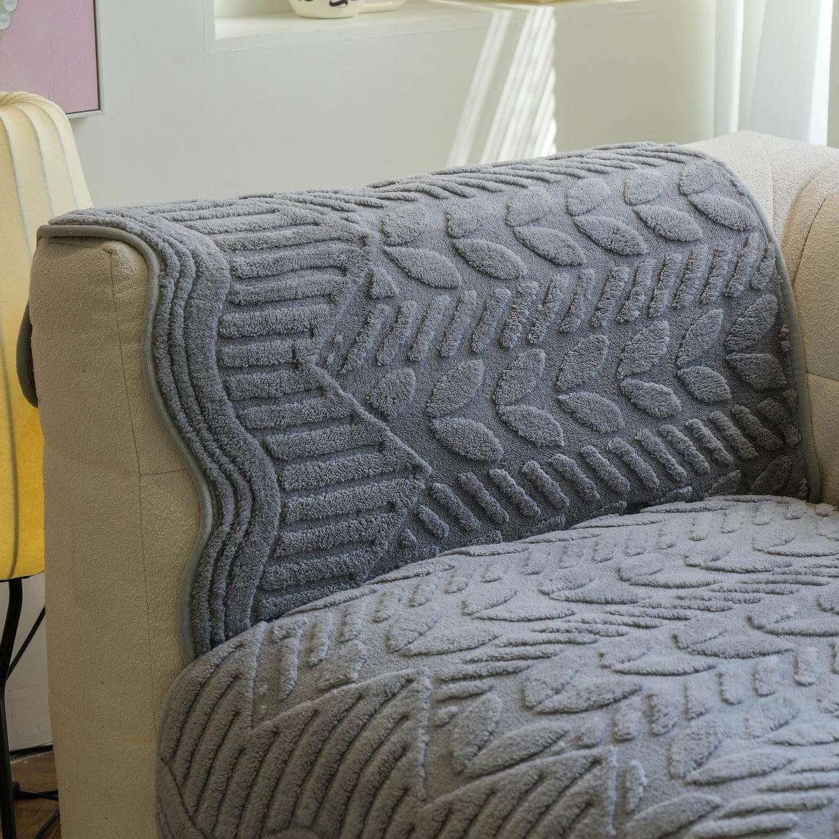 Couch Covers for Sofa, Plush Sofa Cover Washable, Geometric Jacquard Sofa Slipcovers, Non-Slip Couch Cover, Warm Couch Slipcover Furniture Protector for Kids, Pets (1PC,Grey,36"×71")