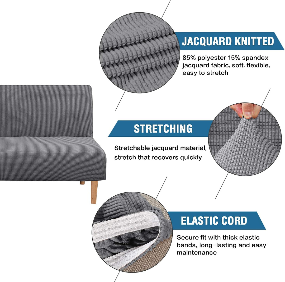 H.VERSAILTEX Armless Futon Cover Stretch Sofa Bed Slipcover Protector Elastic Feature Rich Textured High Spandex Small Checks Jacquard Fabric Futon Cover, Machine Washable, Gray