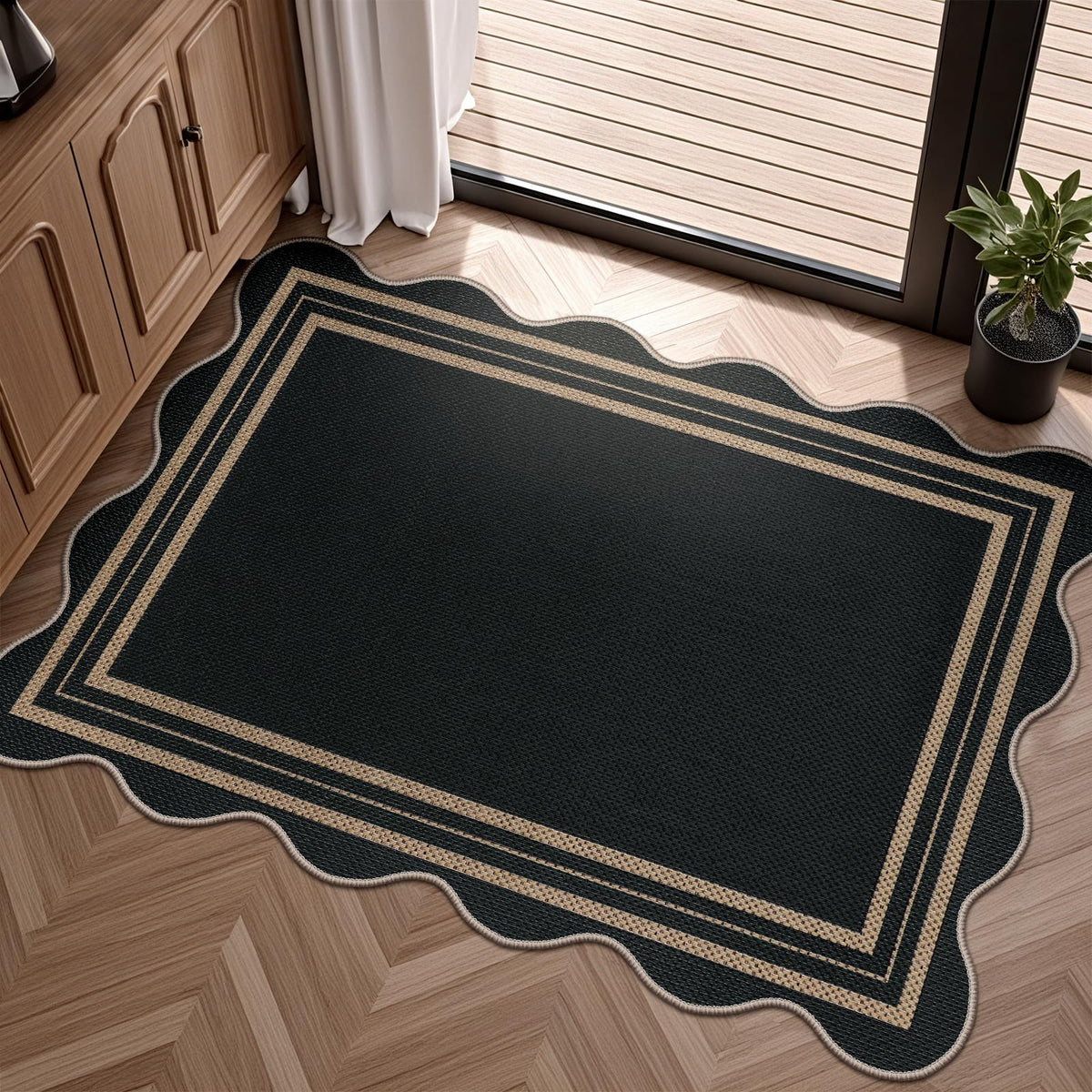 Easy Jute Black Entryway Rug, 2x3 Front Door Mat Washable Non Slip Small Kitchen Rug, Indoor Outdoor Farmhouse Scalloped Doormat for Porch Bathroom Doorway