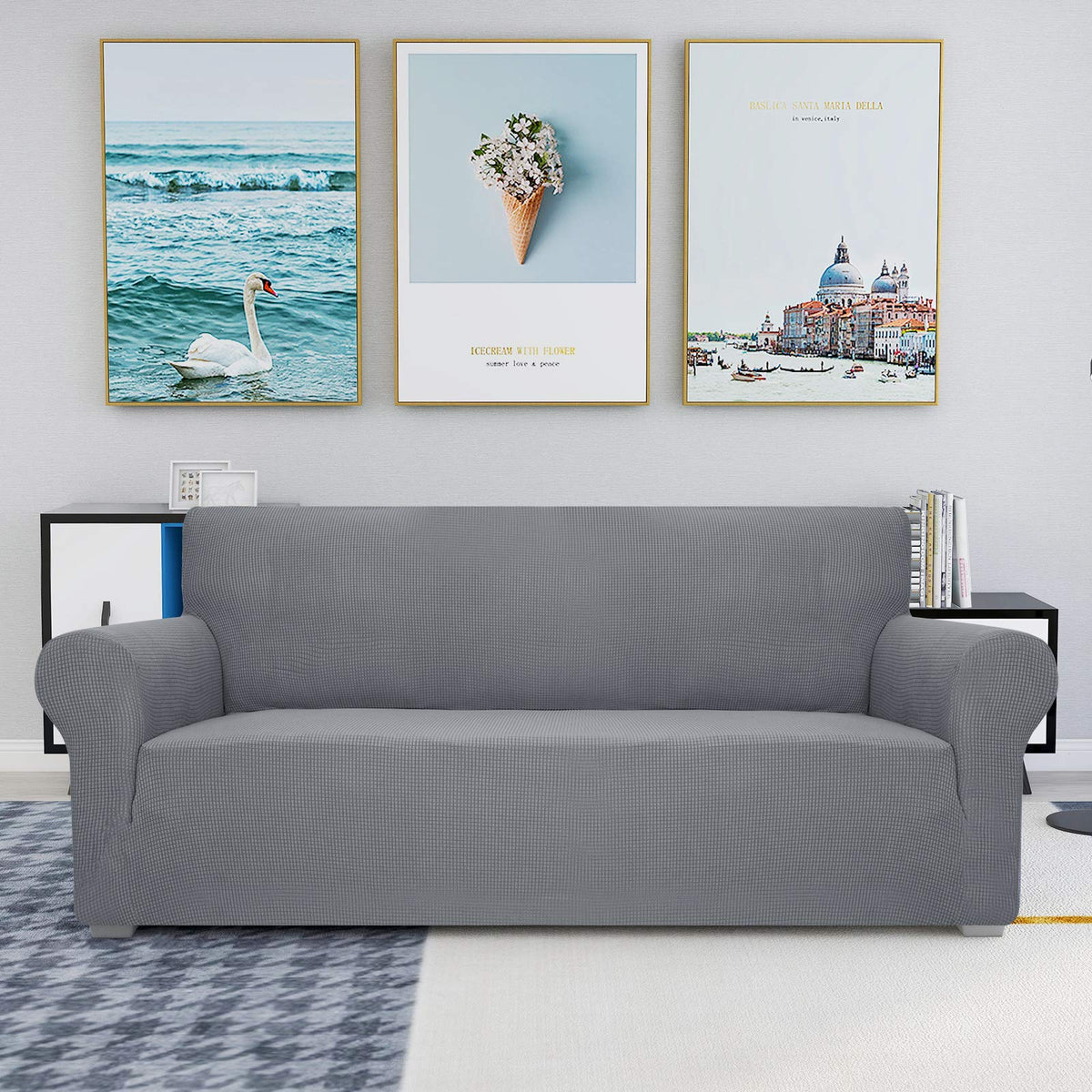 JIVINER High Stretch Couch Covers for 3 Cushion Couch 1-Piece Jacquard Sofa Slipcovers Anti Slip Sofa Cover with Elastic Bottom Furniture Protector for Kids Pets (Sofa, Light Gray and White)