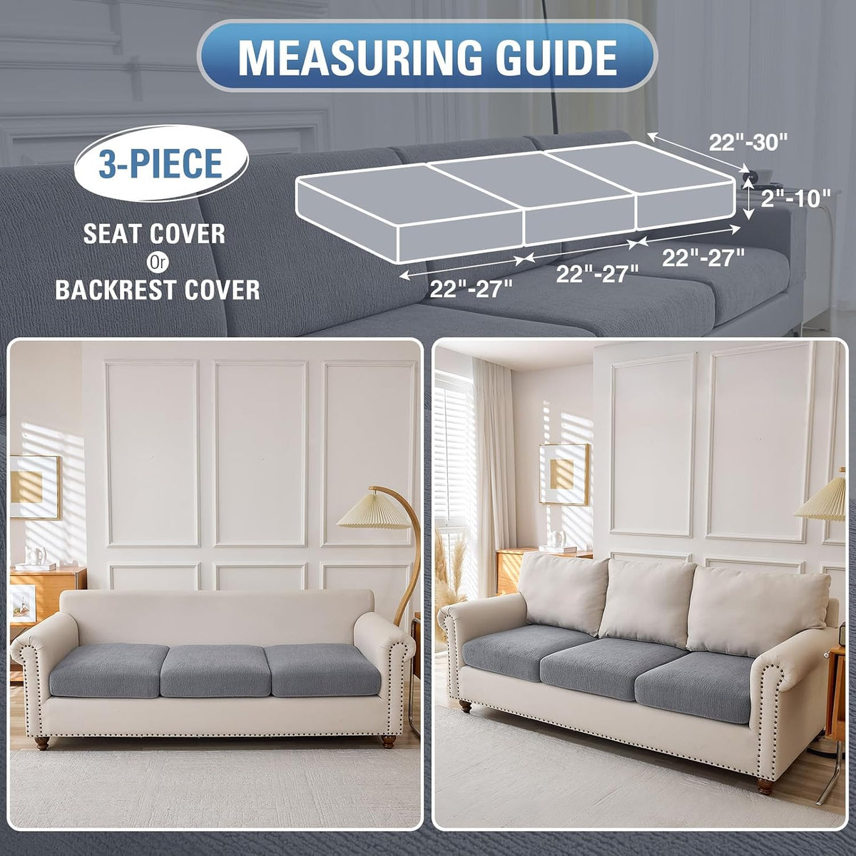 Couch Cushion Covers Sectional Couch Covers Stretch Washable Soft Seat Cushion Covers Furniture Protector Sofa Slipcovers for Pets(Light Grey,3 Pieces Seat Covers or Back Covers)