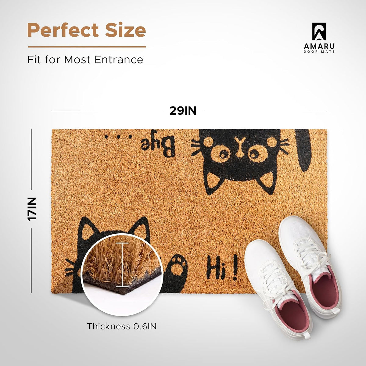 Coir Welcome Mat, Non-Slip, Hi-Bye Cat, 17 x 29 in