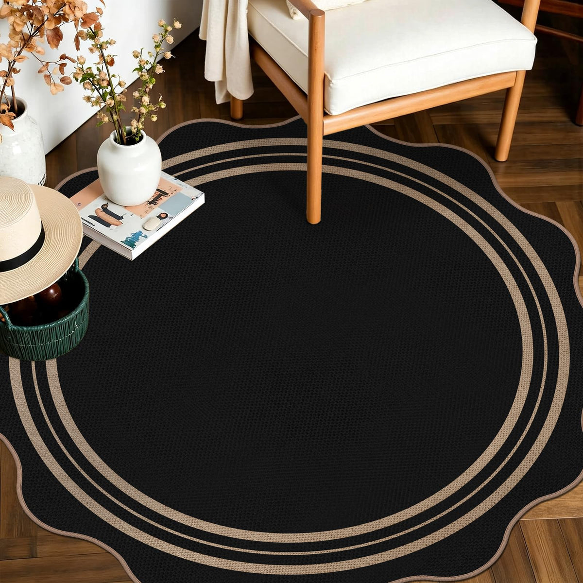 Easy Jute Black Entryway Rug, 2x3 Front Door Mat Washable Non Slip Small Kitchen Rug, Indoor Outdoor Farmhouse Scalloped Doormat for Porch Bathroom Doorway