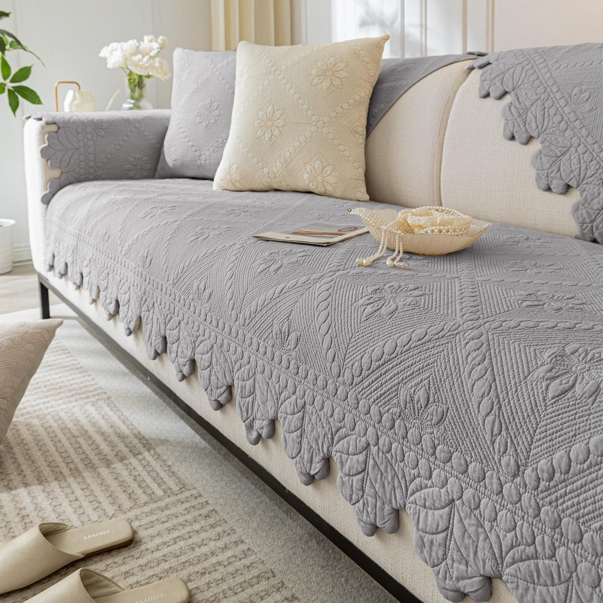 Quilted Couch Covers for Sofa Farmhouse Sofa Covers(Khaki,28"x28")
