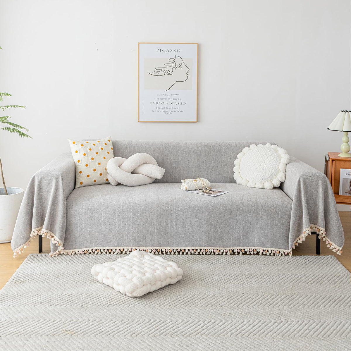 HANDONTIME Green Sofa Cover Vintage Couch Cover for Dogs 71" X118" Couch Cushion Covers with Tassel Herringbone Sofa Cover Boho Sofa Covers for 3 Cushion Couch Chenille Soft Loveseat Sofa Covers