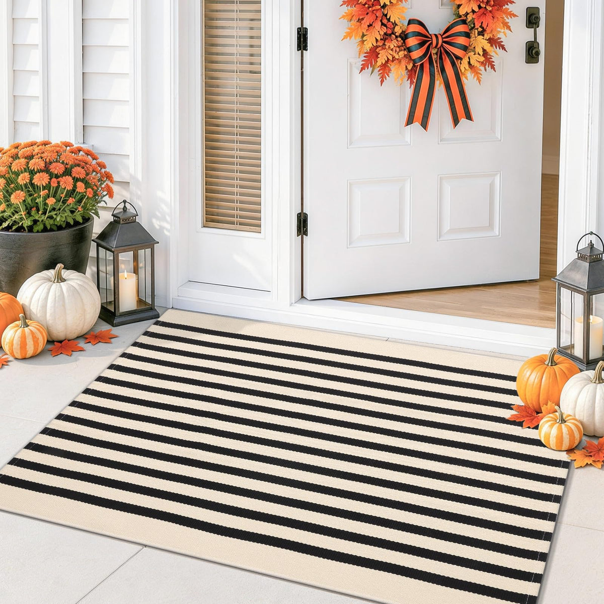 Smiry Black and White Striped Entryway Rug, Front Door Mat and Porch Decor