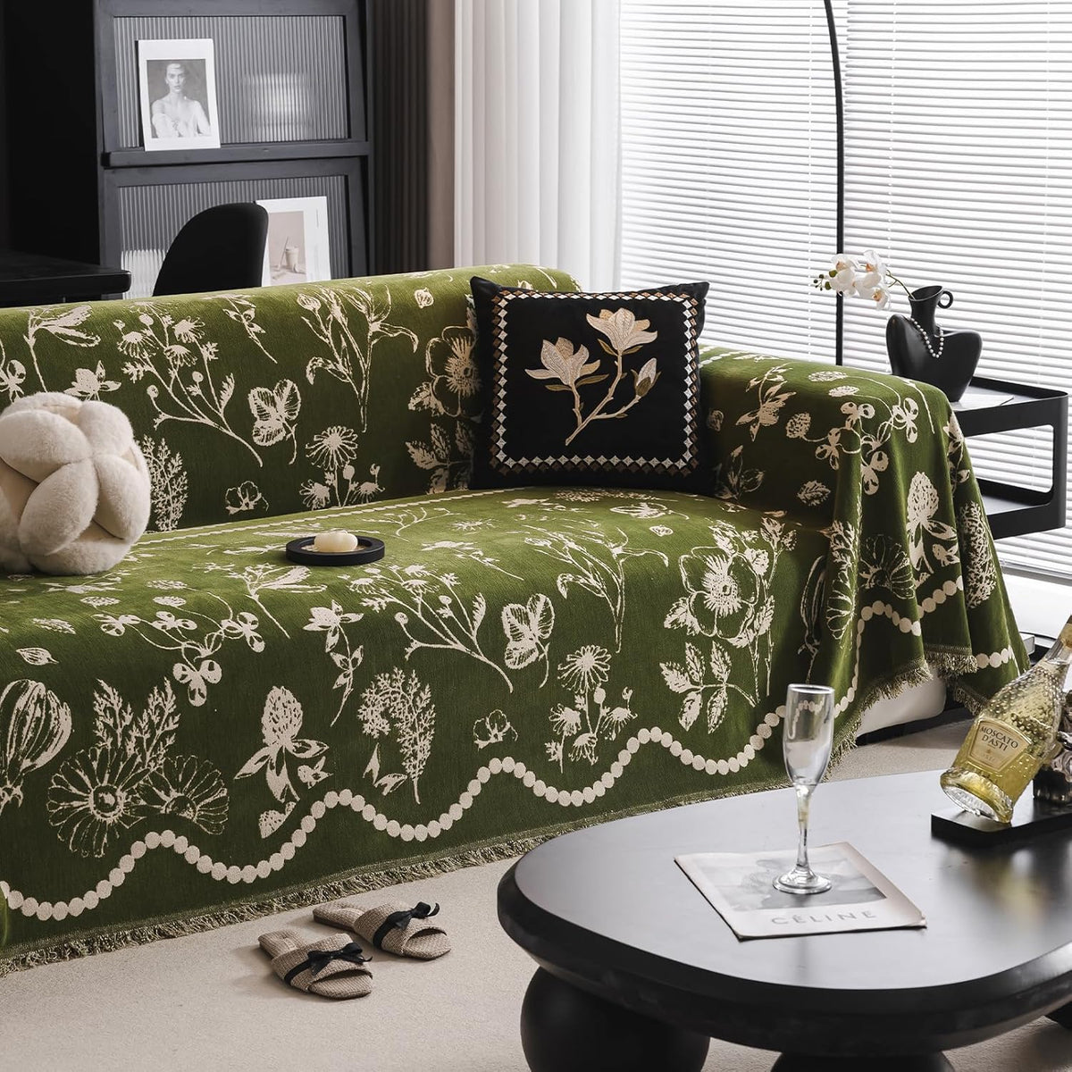 DREAMINGO Green Floral Couch Cover Farmhouse Botanical Jacquard Sofa Covers for 3 Cushion Couch Cozy Chenille Living Room Furniture Futon Sectional Sofa Slipcovers Washable, X-Large 71"x134"