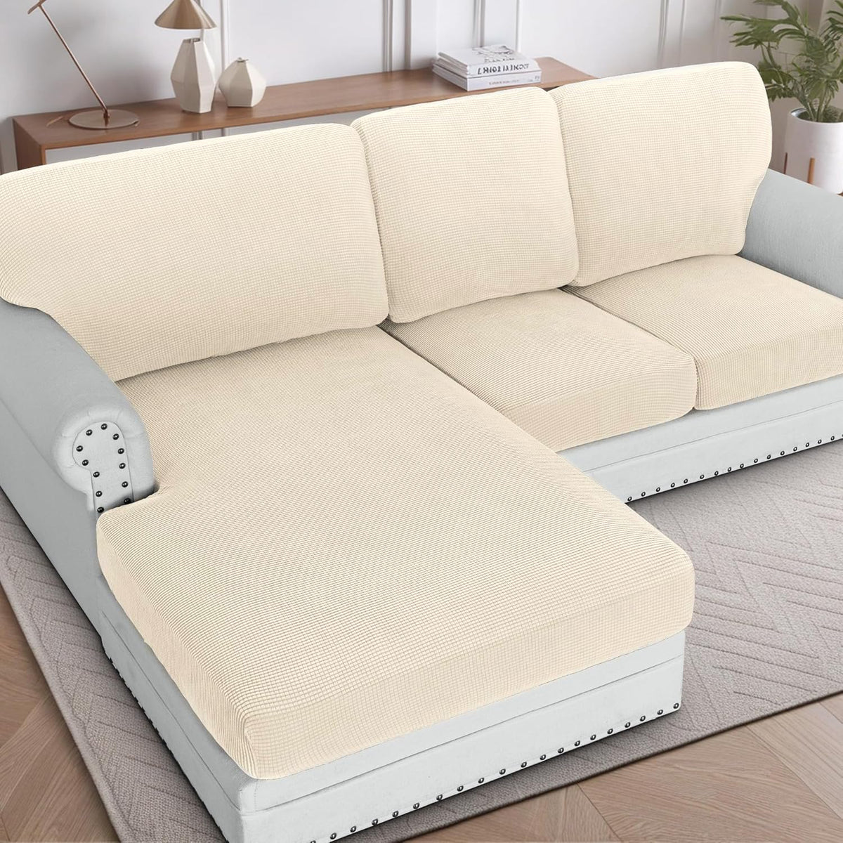 H.VERSAILTEX Sectional Couch Covers 8 Pieces Stretch Sofa Covers for Sectional Sofa Set Separate L Shaped Couch Cover for Both Left/Right Couch (Seat and Back: 1 Chaise + 3 Sofa, Ivory)