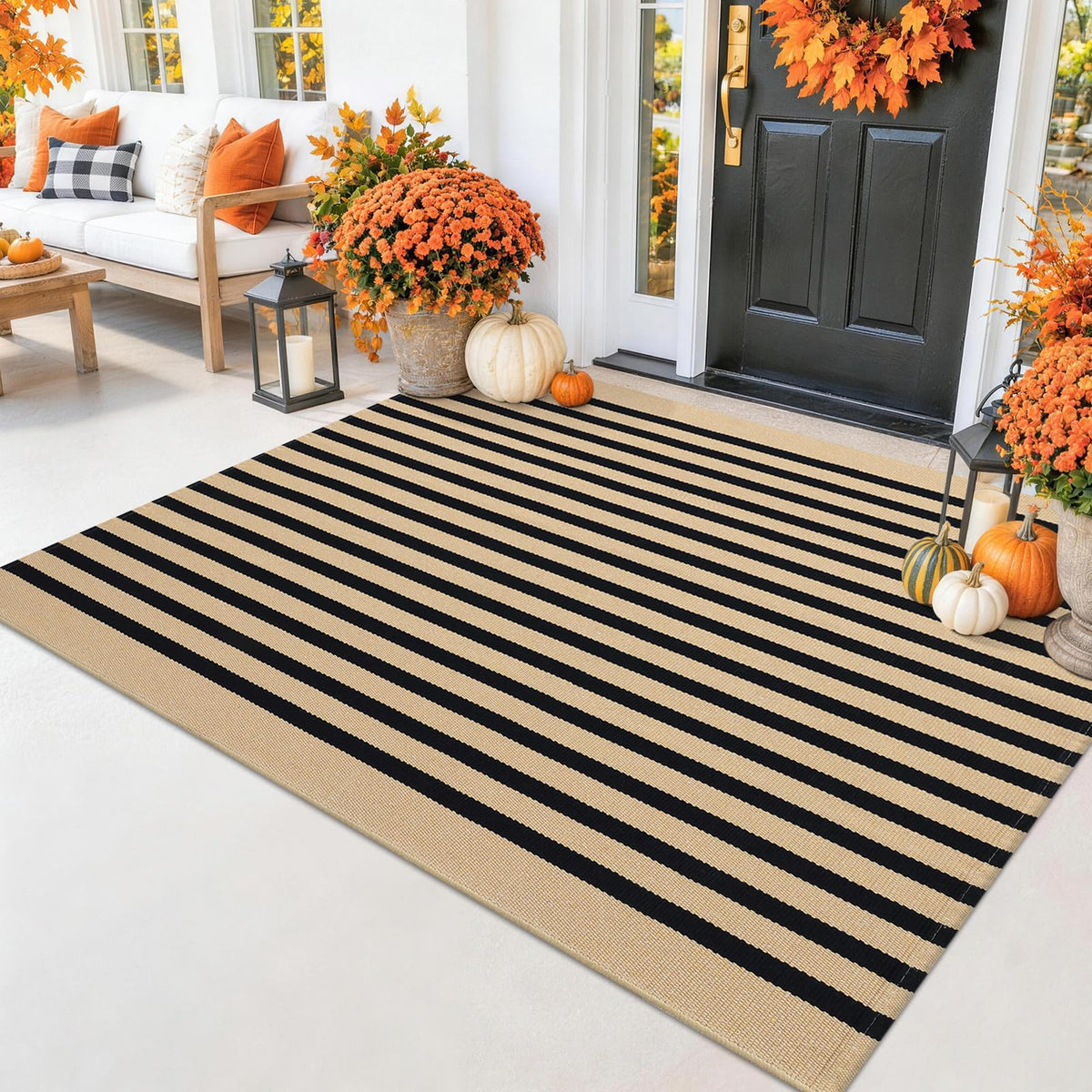 Smiry Black and White Striped Entryway Rug, Front Door Mat and Porch Decor