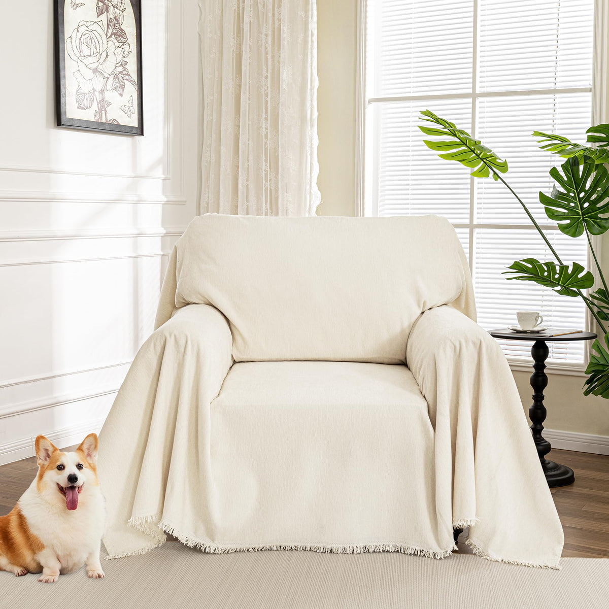 MYSKY HOME Boho Couch Cover Beige Sofa Covers with White Tassel Farmhouse Sofa Slipcover Simple Couch Protector for Dogs Chenille Sectional Couch Covers L Shaped Couch Cushion Covers, 91"x 134"