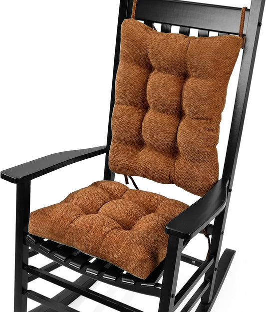 Rocking Chair Cushion for Elderly Sitting, Back Pillow & Seat Cushion with Ties, Luxury Chenille Fabric Non-Slip Chair Pad for Rocker, Champagne, 21.6x17x2/ 17x17x3