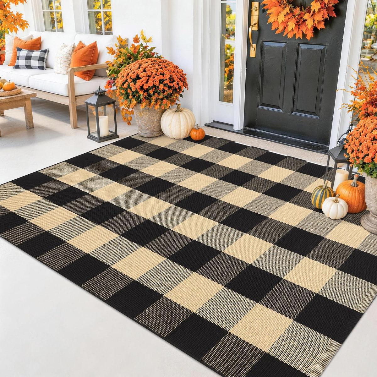 Smiry Black and White Striped Entryway Rug, Front Door Mat and Porch Decor