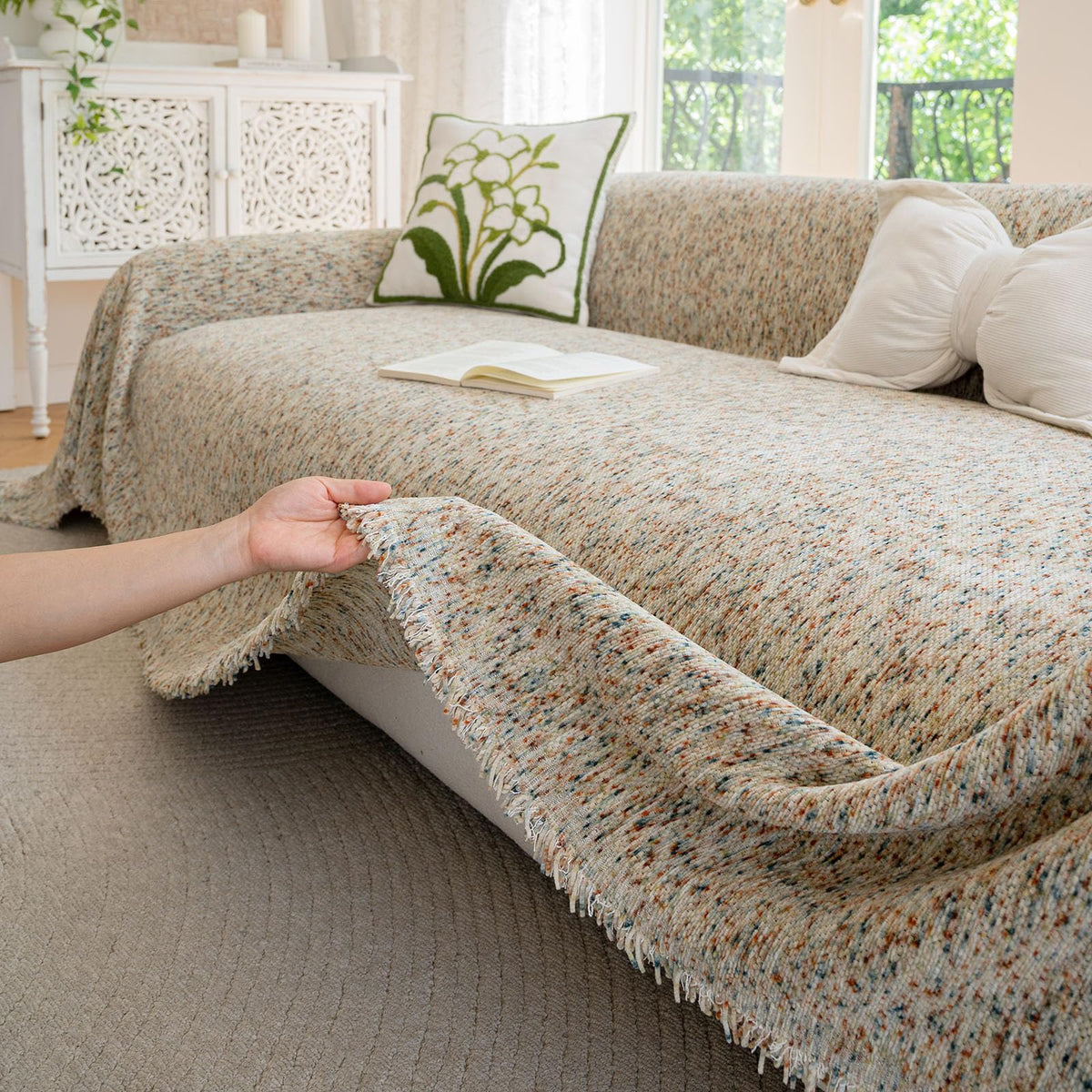 ROOMLIFE Thicked Striped Couch Cover with Tassel Blue Chenille Sofa Cover Blanket for Sectional Sofa, Soft Sofa Slipcovers for L Shaped Love Seat 2-3 Cushion Couch Anti Slip Sofa Protector, 71"x118"