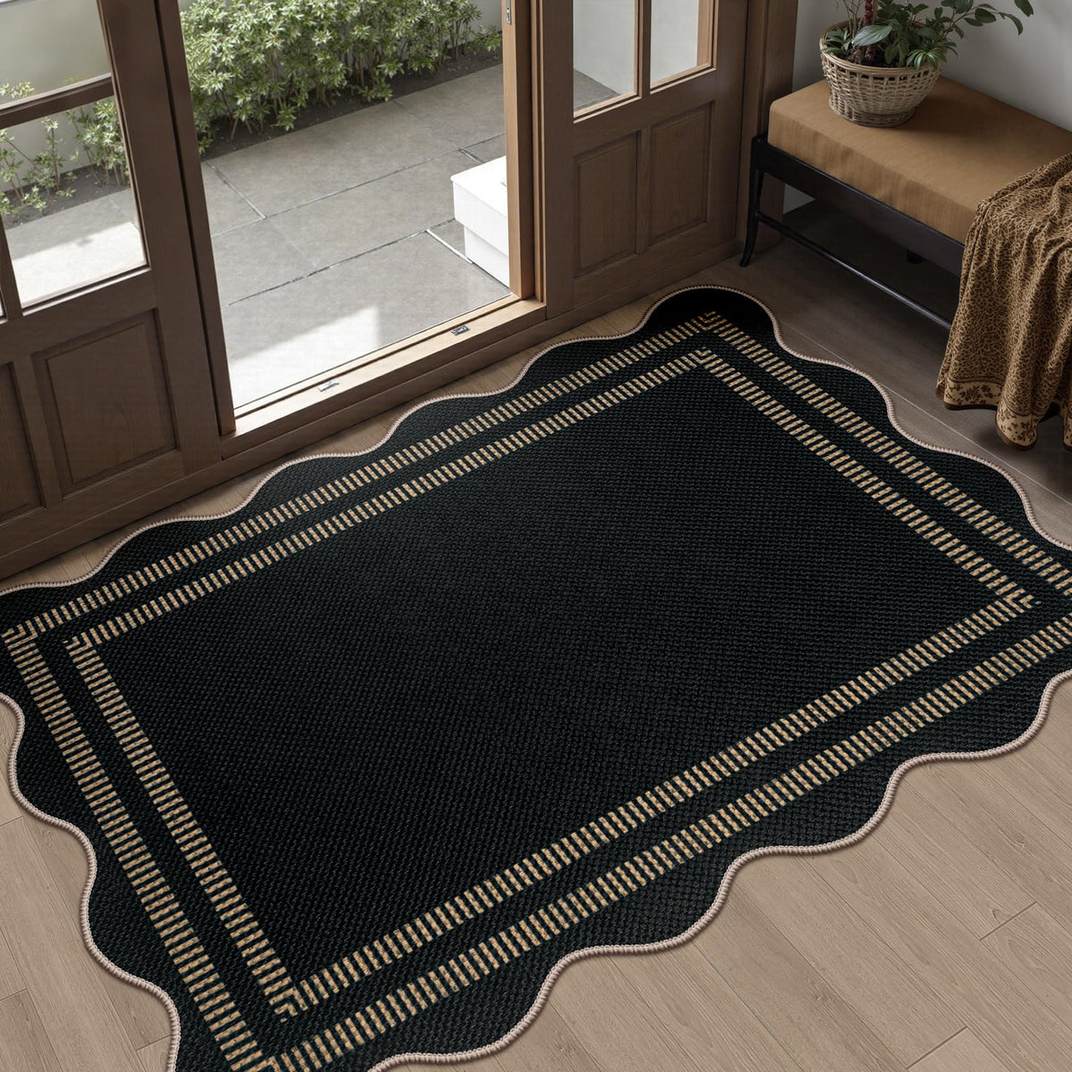 Easy Jute Black Entryway Rug, 2x3 Front Door Mat Washable Non Slip Small Kitchen Rug, Indoor Outdoor Farmhouse Scalloped Doormat for Porch Bathroom Doorway