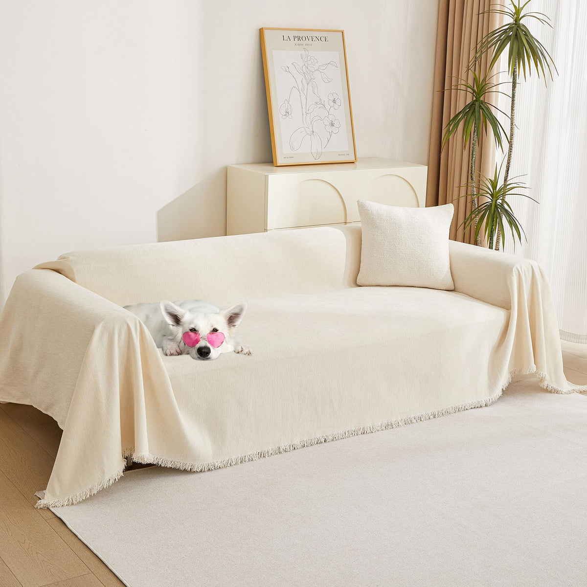 MYSKY HOME Boho Couch Cover Beige Sofa Covers with White Tassel Farmhouse Sofa Slipcover Simple Couch Protector for Dogs Chenille Sectional Couch Covers L Shaped Couch Cushion Covers, 91"x 134"