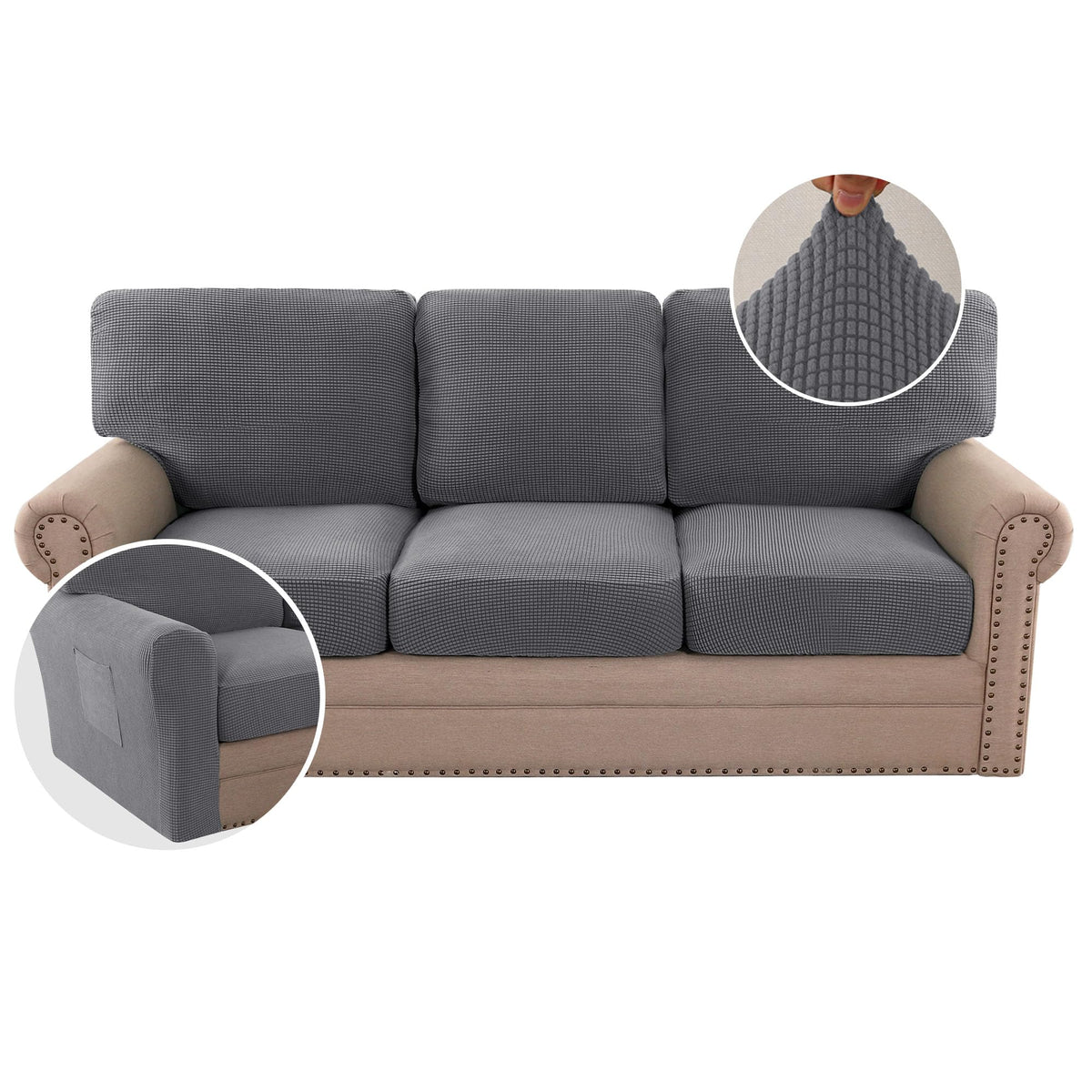 H.VERSAILTEX Multi-Pieces Sofa Covers Stretch Couch Covers Form Fitted Seats and Back Cushions Covers (3 Seat Covers Plus 3 Back Cusion Covers, Bonus 2 Armrest Covers), Sand