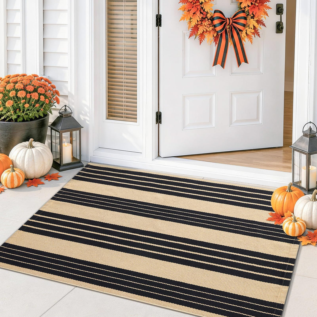 Smiry Black and White Striped Entryway Rug, Front Door Mat and Porch Decor
