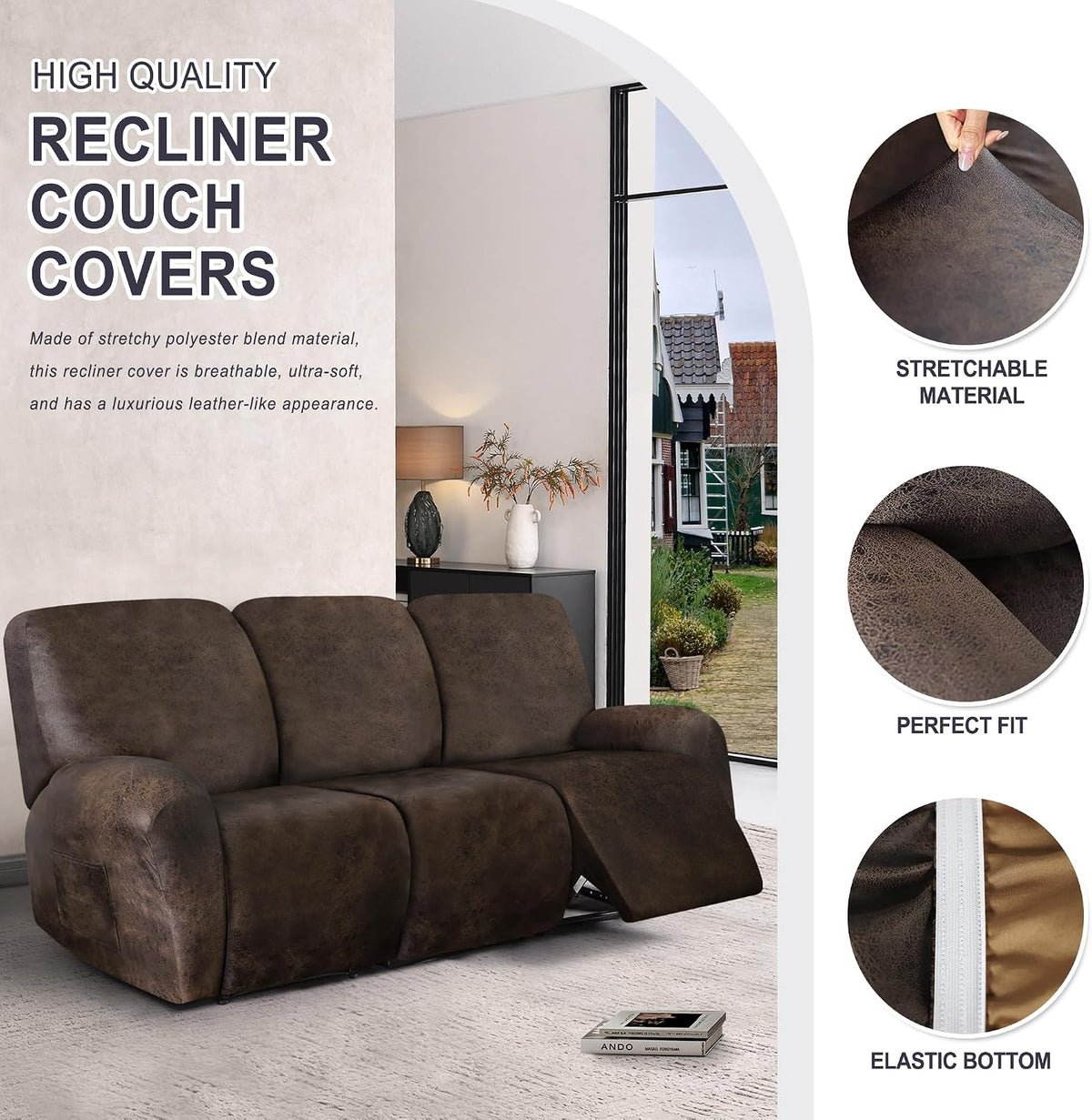 ANARACHON Leather Look Recliner Couch Cover, 8-Pieces Stretch Recliner Sofa Covers, Soft Reclining Slipcover, Washable Furniture Protector for Pets (3 Seater, Brown)
