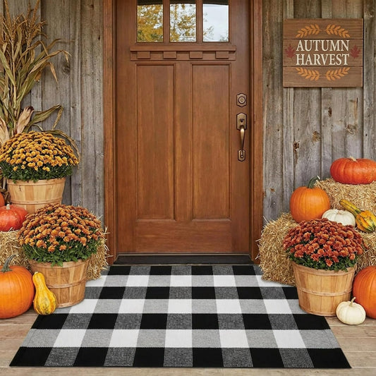 SEEKSEE Fall Decor Buffalo Plaid Outdoor Rug 27.5x43 Black and White Front Door Mat, Layering Rug for Porch, Washable Doormat, Cotton Area Rug for Outdoor Entrance Entryway Patio Porch Decor
