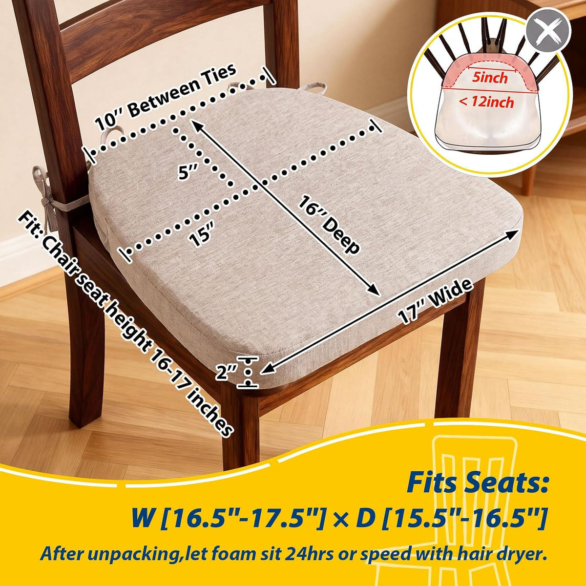 AAAAAcessories D-Shaped Chair Cushions, 2" Thick Dining Chair Pads with Ties and Removable, Machine-Washable Cover, 17" x 16", Set of 4, Oatmeal Beige