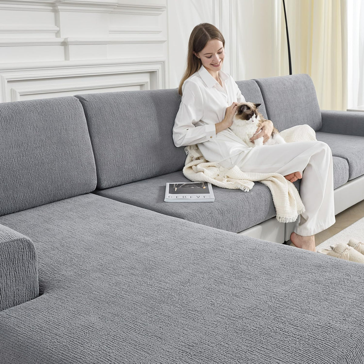 Couch Cushion Covers Sectional Couch Covers Stretch Washable Soft Seat Cushion Covers Furniture Protector Sofa Slipcovers for Pets(Light Grey,3 Pieces Seat Covers or Back Covers)