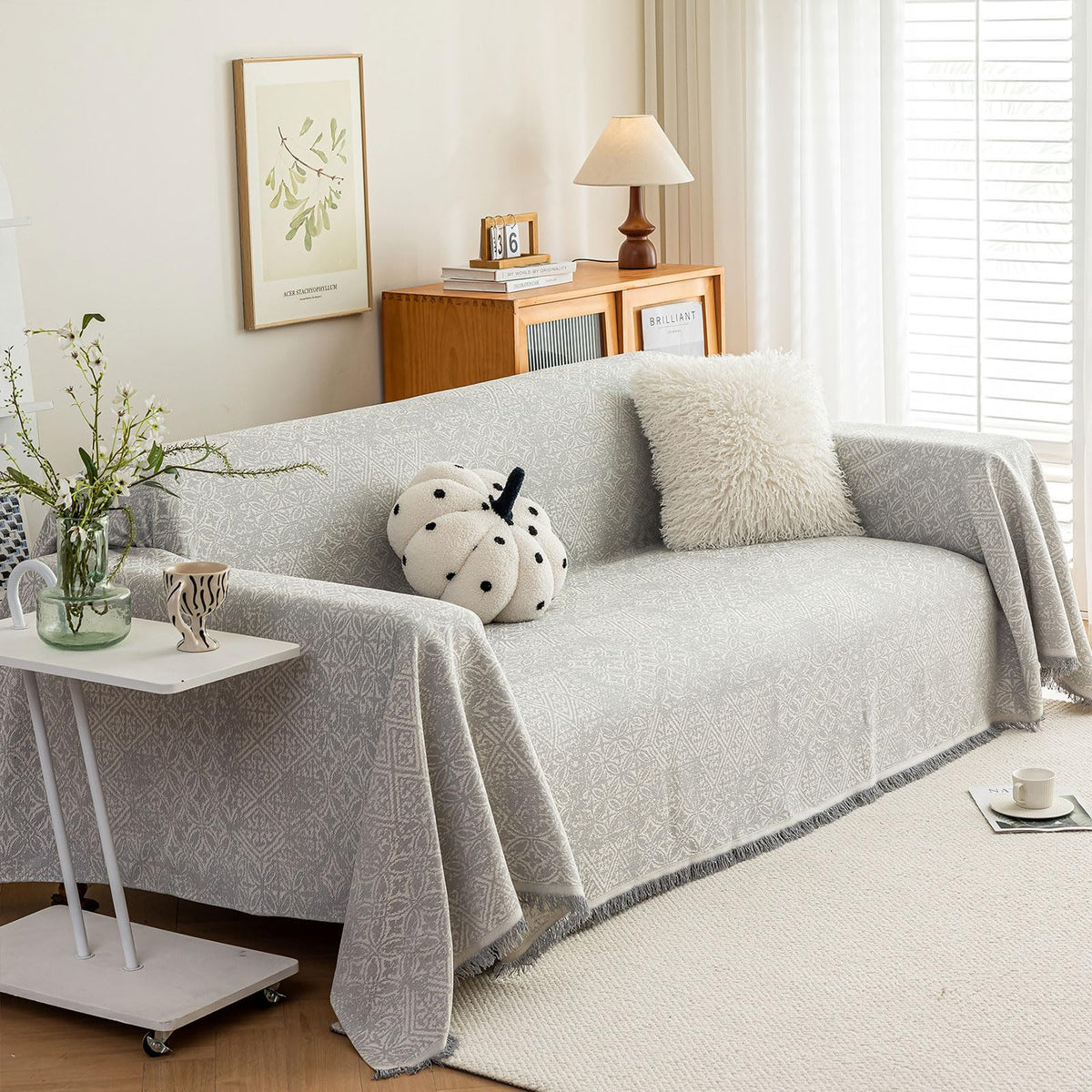 ROOMLIFE Thicked Striped Couch Cover with Tassel Blue Chenille Sofa Cover Blanket for Sectional Sofa, Soft Sofa Slipcovers for L Shaped Love Seat 2-3 Cushion Couch Anti Slip Sofa Protector, 71"x118"