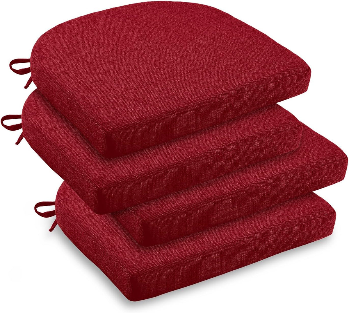 downluxe Indoor Chair Cushions for Dining Chairs, Soft and Comfortable Textured Foam Kitchen Chair Pads with Ties and Non-Slip Backing, 16" x 16" x 2", Red, 4 Pack