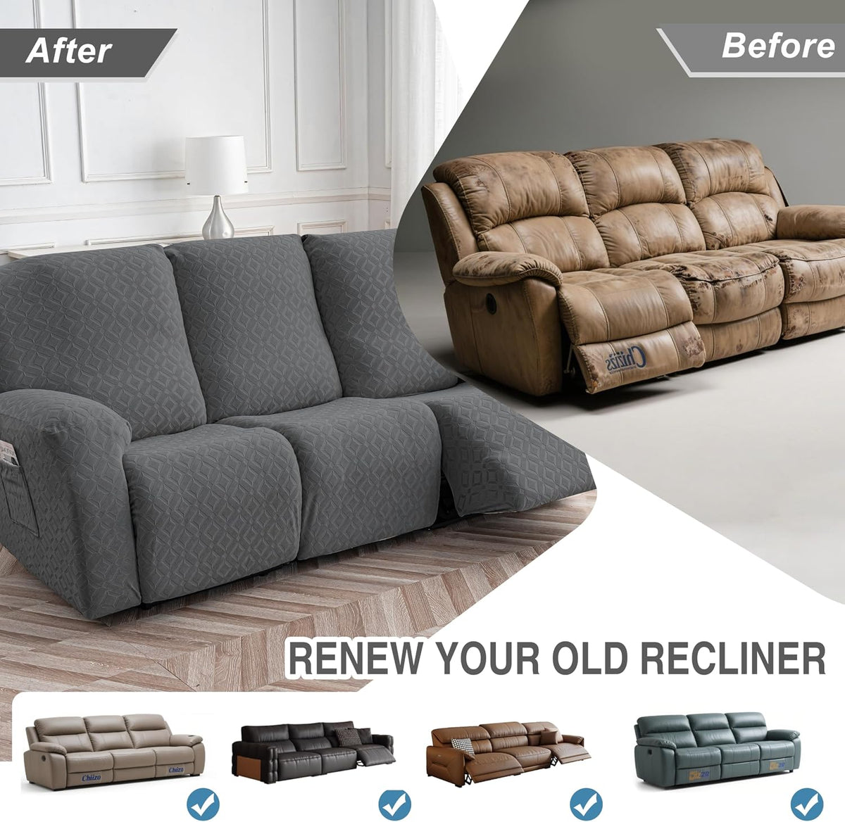 Gennia Waterproof Recliner Sofa Cover,3 Seat Couch Cover,Dark Gray