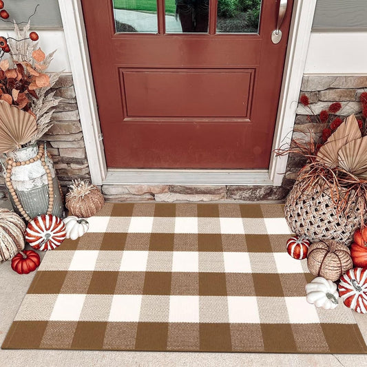 CAINANEL Fall Door Mat Front Door Rug Farmhouse Brown and White Buffalo Check Rug Layered Welcome Door Mat for Front Porch Decor, Front Door, Farmhouse Decor (27.5"x43", Coffee and White)