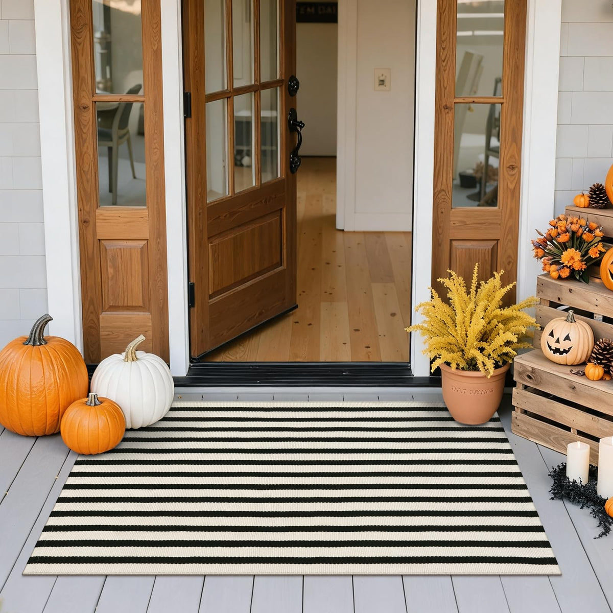 Striped Fall Door Mat 24"x51" Outdoor Rug Cotton Washable Fall Decor