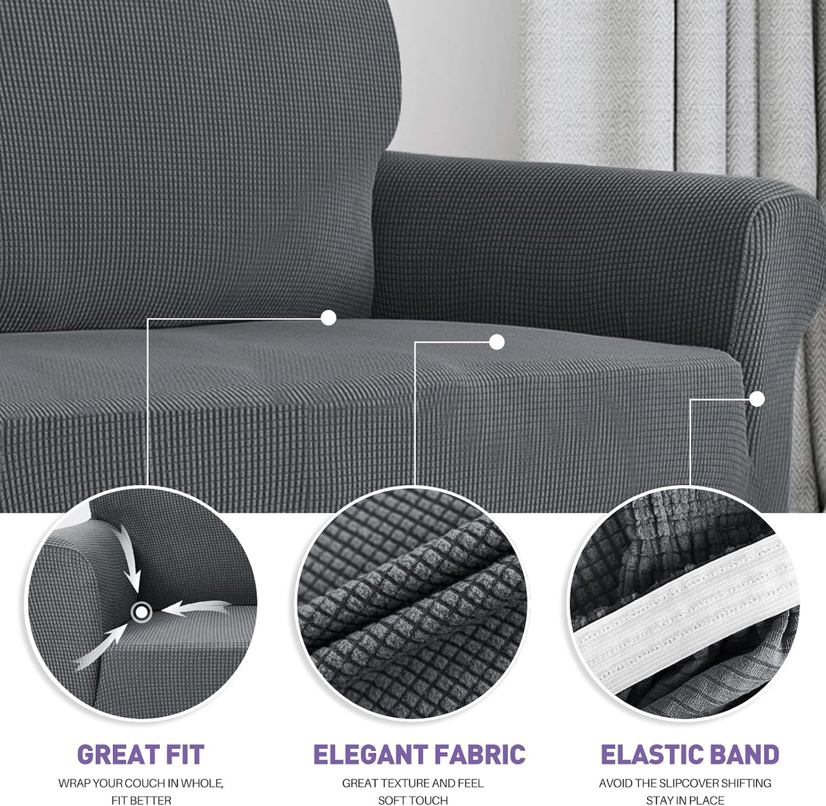 ZNSAYOTX Super Stretch Couch Cover (72"-92") Universal Sofa Covers with Elastic Bottom, Dog Cat Pets Friendly Washable Furniture Protector Fitted Sofa Slipcovers Stay in Place (Dark Grey, Sofa)