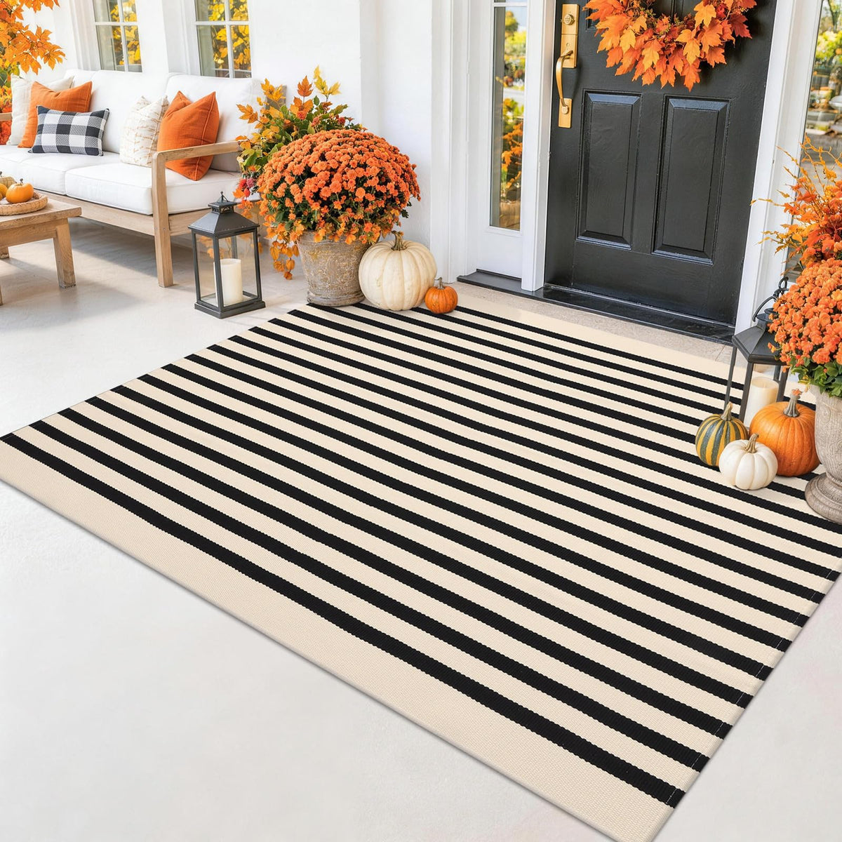 Smiry Black and White Striped Entryway Rug, Front Door Mat and Porch Decor
