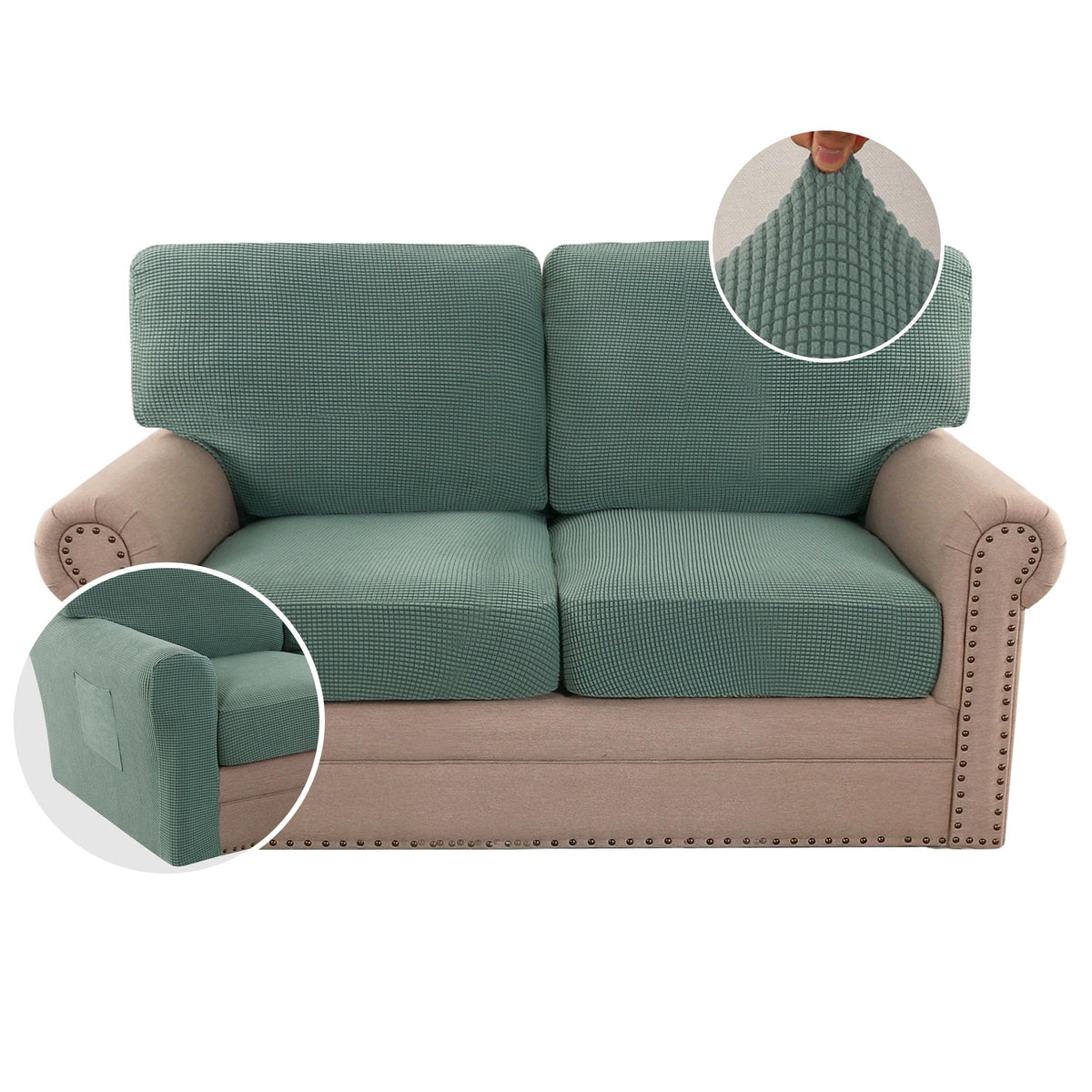 H.VERSAILTEX Multi-Pieces Sofa Covers Stretch Couch Covers Form Fitted Seats and Back Cushions Covers (3 Seat Covers Plus 3 Back Cusion Covers, Bonus 2 Armrest Covers), Sand
