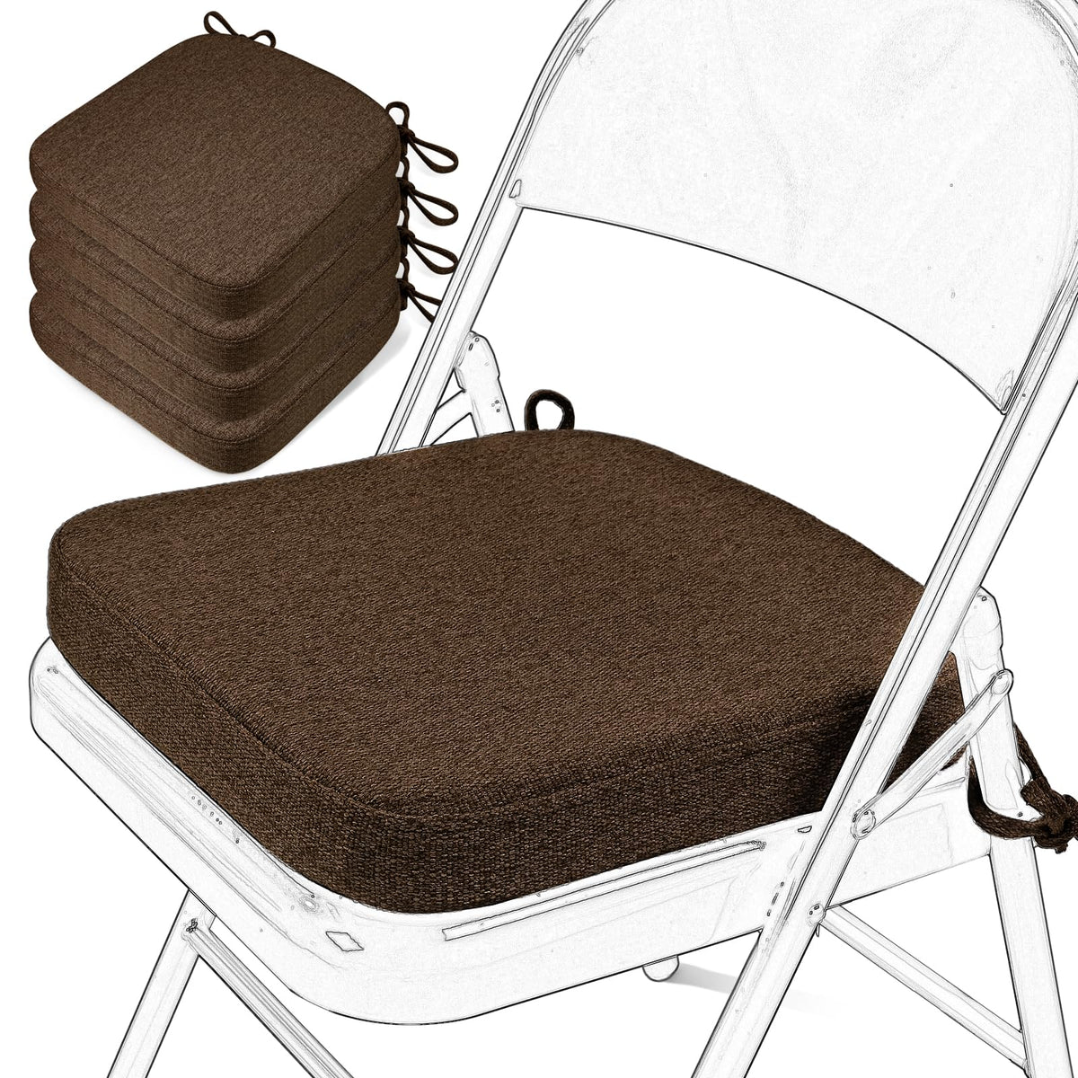 SINOSSO Memory Foam Chair Cushion for Folding Chair 1 Pcs, Thickened 2" Square Kitchen Chair Pad with Ties, Indoor Non-Slip Dining Chair Seat Cushion (1 Piece, Dark Brown)