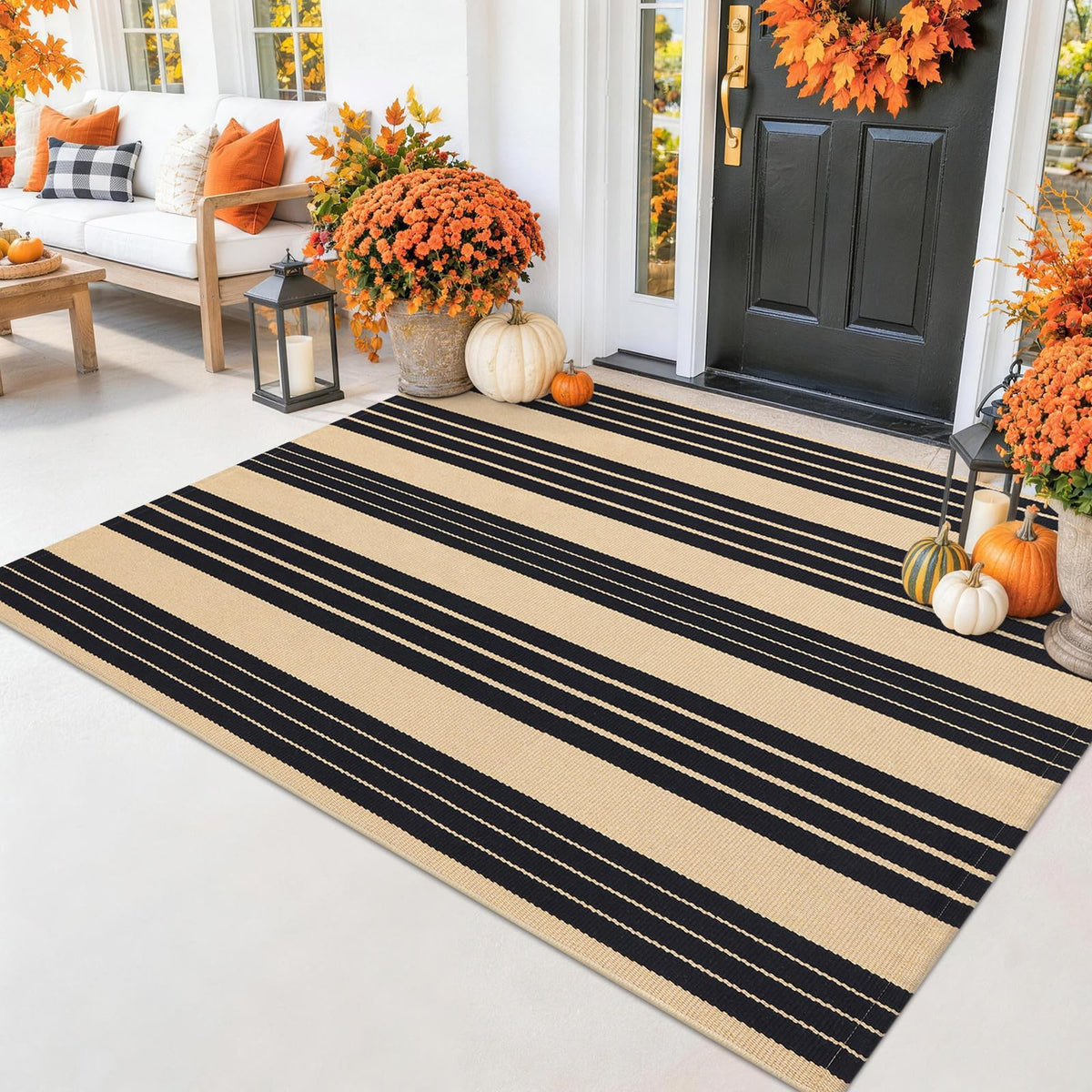 Smiry Black and White Striped Entryway Rug, Front Door Mat and Porch Decor