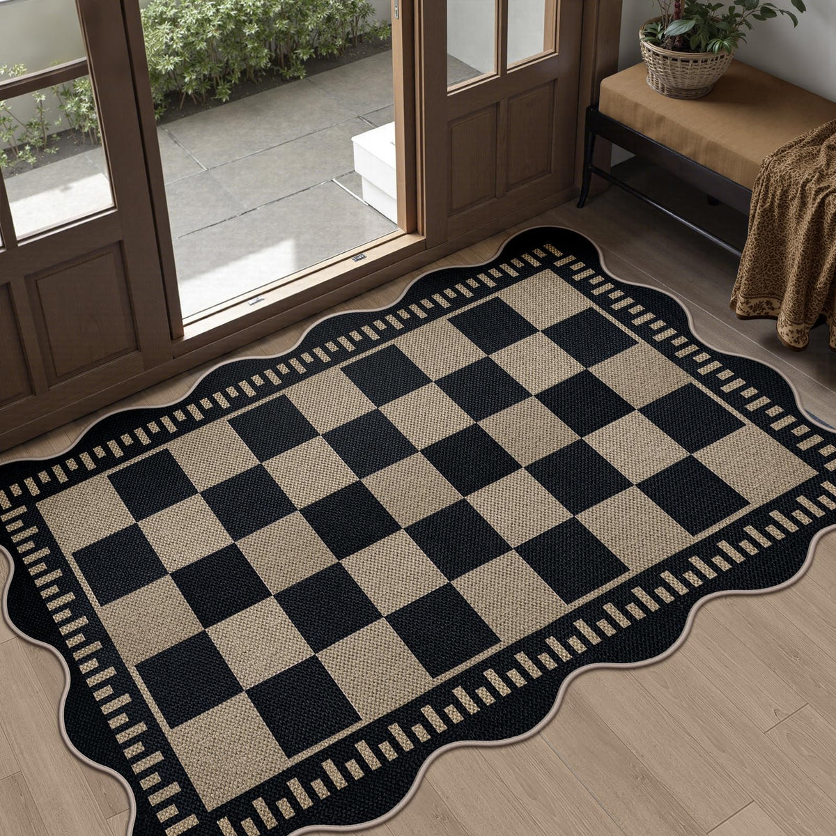 Easy Jute Black Entryway Rug, 2x3 Front Door Mat Washable Non Slip Small Kitchen Rug, Indoor Outdoor Farmhouse Scalloped Doormat for Porch Bathroom Doorway