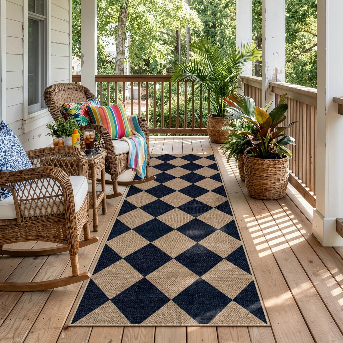 Lahome Checkered Easy Jute 3x5 Entryway Front Porch Rug, Black Diamond Indoor Outdoor Patio Layering Rug, Washable Farmhouse Neutral Non Slip Non Shedding Door Carpet for Backyard Blacony